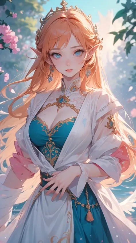 work of art, ultra epic details, ultra detaild, best resolution, orange hair like fire, olhos verdes esmeralda, long braided hair, ( BEAUTIFUL ELF ), (wearing a robust crown of blue and pink leaves and flowers on her head), { olhos ultra detailds }, (( ros...