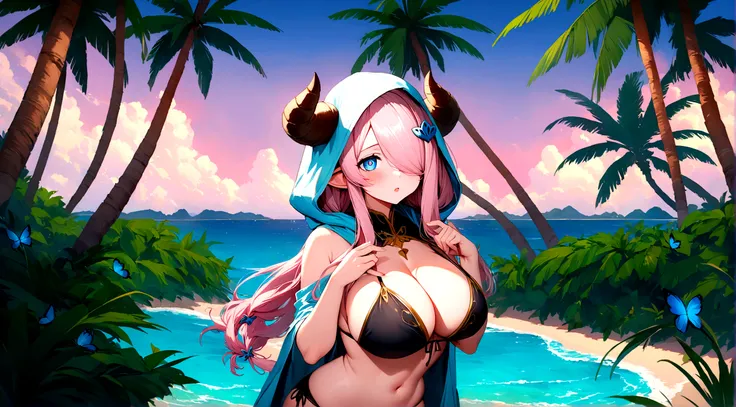 Vibrant, high-definition anime-style illustration set on a tropical beach. The layout features a central female character, Narmaya, with long pink hair, partially covered by a hooded cloak adorned with brown horns. She has fair skin, large expressive blue ...