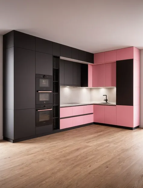 Raw photo,Masterpiece, high quality, best quality, authentic, super detail, interior , sunset, daylight, Kitchen Cabinets style modern, Induction cooker, sink, faucet, oven, built-in microwave, wooden floor, hood, wine cabinet, ((black and pink tones))