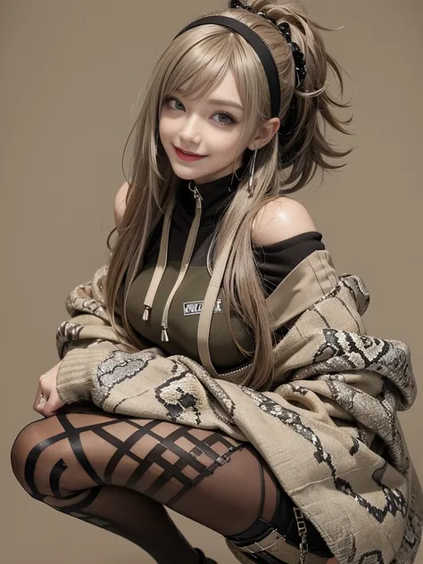 (Smiling with teeth showing:1.3),(Shibuya Gal:1.5)、(Beautiful:1.5)、(Neo-goth fashion:1.5)、(Punk RockVisual Kei:1.5)、(An off-the-shoulder hoodie in khaki and brown with delicate silver accessories.:1.5)、(A corset with a delicate beige and brown design:1.4)、...