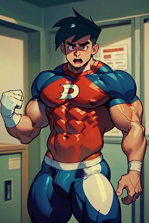 (Masterpiece) (Hyper muscular) (3 boys) Danny Phantom, ghost, hypnosis, jock, conversion, locker room hallway, hyper muscles, jockstrap, bro, meathead, hypnotized, brainwashed, brainwashing, big dumb jock, football. Glowing eyes. Hyper crotch bulge. Massiv...