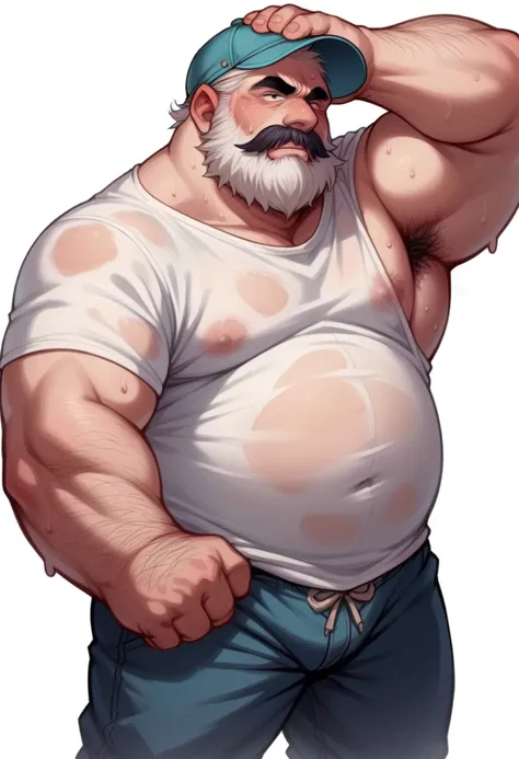 Dwarf Uncle　Long, large white beard　Black mustache　Frowning　Deep wrinkles on the face　A worn-out running shirt　Hairy body hair　Sweat　The shirt is rolled up a little, exposing her belly hair and pubic hair.　Bikini pants for the lower body　Place your hands o...