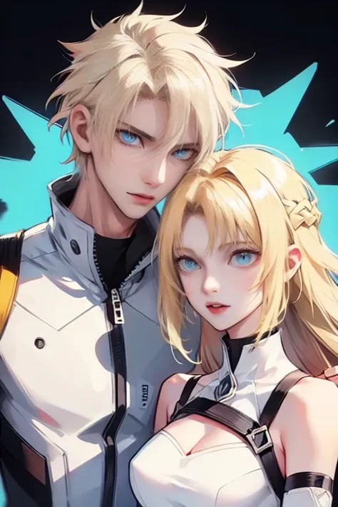 1 man and 1 women (tall man, slim, manly, dominate,  man has white messy hair, man has yellow eyes, tough, wearing a sci-fi outfit.) (a thin woman, long blonde hair, green eyes, wearing scifi outfit) best quality, adorable, ultra-detailed, illustration, co...