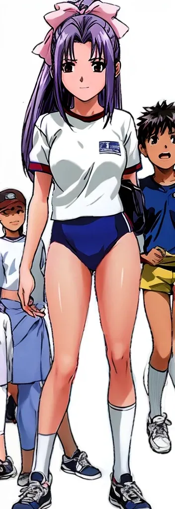 Momoko Koigakubo, a tall girl with beautiful legs, is standing with a smile on her face in a white gym uniform and light navy blue bloomers that look like panties.。Next to Momoko Koigakubo is a young boy in a tracksuit, smiling and holding her thigh.。