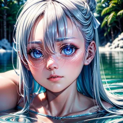 Tokidoki Bosotto a young girl sitting by a serene light blue lake, surrounded by lush vegetation and a snowy mountain in the distance, wearing a white bikini with a small red ribbon tied on the left side of her white hair, pale skin, white eyebrows and eye...