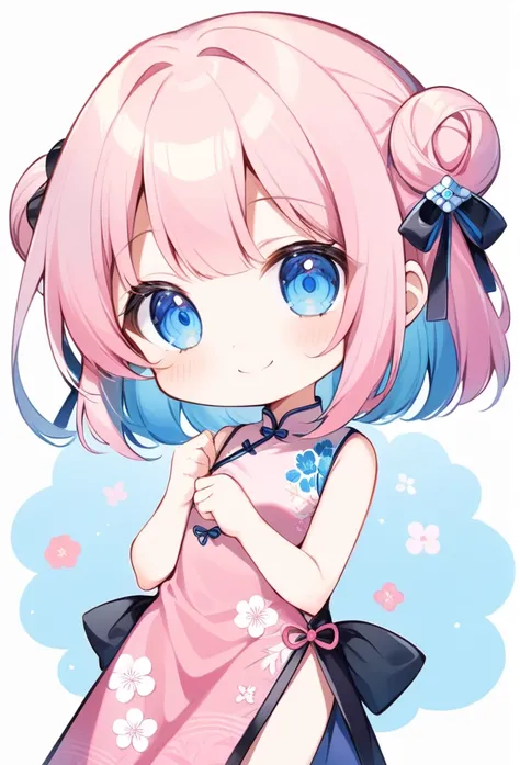 1girl, chibi、((Hair color light pink))、Length Bob、Beautiful blue eyes、Choker Accessories、smile、Cute pose、China dress