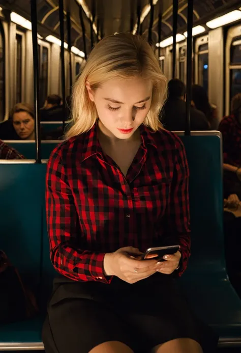 a young woman engaged with her smartphone, with her attention fully absorbed by the screen as it illuminates her face in a warm glow. She wears a red and black checkered shirt over a red top, suggesting a casual and perhaps contemporary style. Her blonde h...