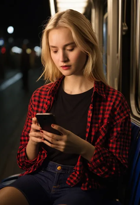 a young woman engaged with her smartphone, with her attention fully absorbed by the screen as it illuminates her face in a warm glow. She wears a red and black checkered shirt over a red top, suggesting a casual and perhaps contemporary style. Her blonde h...