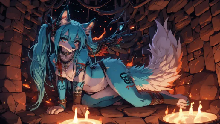 Miku Hatsune, add high definition_detail:1, blue fur,kitsune ears, tribal tattoo add_detail:1, in hell add_detail, barefoot, PAT