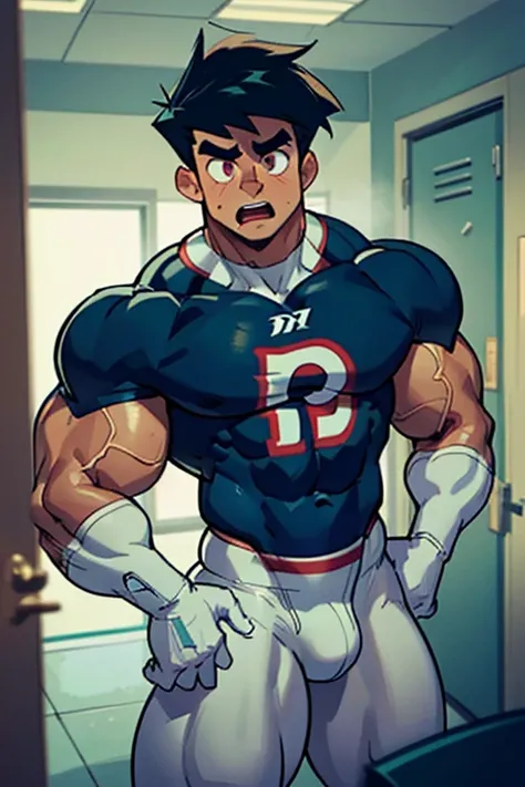 (Masterpiece) (Hyper muscular) (3 boys) Danny Phantom, ghost, hypnosis, jock, conversion, locker room hallway, hyper muscles, jockstrap, bro, meathead, hypnotized, brainwashed, brainwashing, big dumb jock, football. Glowing eyes. Hyper crotch bulge. Massiv...