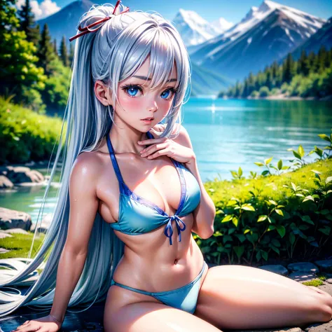 Tokidoki Bosotto a young girl sitting by a serene light blue lake, surrounded by lush vegetation and a snowy mountain in the distance, wearing a white bikini with a small red ribbon tied on the left side of her white hair, pale skin, white eyebrows and eye...