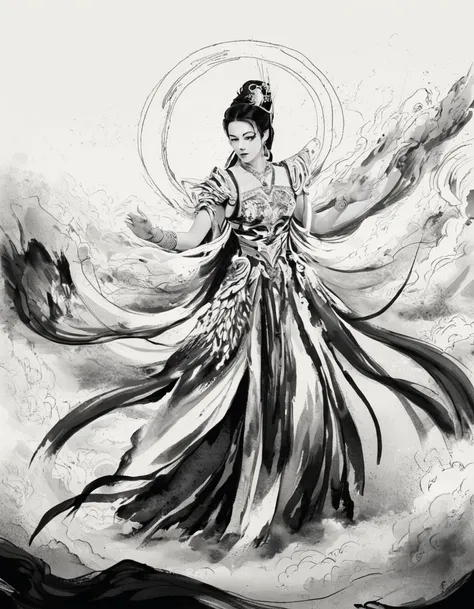 Concept art ink painting《A female warrior in a Chinese opera dressed in Hanfu》 . Opera roles, Female Warrior, and strong performance . monochrome, loose, body fluid, Expressive, Beautifully,rich and colorful . Digital Artwork, 说明Sexual, Sexual, Painted lan...