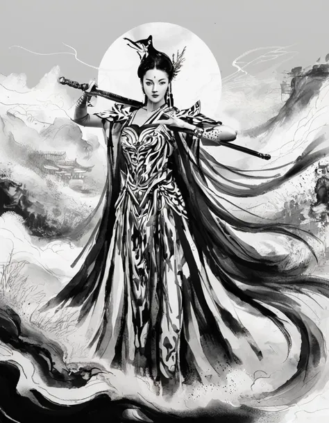 Concept art ink painting《A female warrior in a Chinese opera dressed in Hanfu》 . Opera roles, Female Warrior, and strong performance . monochrome, loose, body fluid, Expressive, Beautifully,rich and colorful . Digital Artwork, 说明Sexual, Sexual, Painted lan...