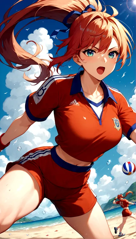 score_9, score_8_up, score_7_up, score_6_up, masterpiece, top quality, best quality, official art, beautiful and aesthetic, anime_source, centered, cinematic shot, 1girl, volley athlete, red ponytail, volley ball uniform sport outfit, serve a volley ball, ...