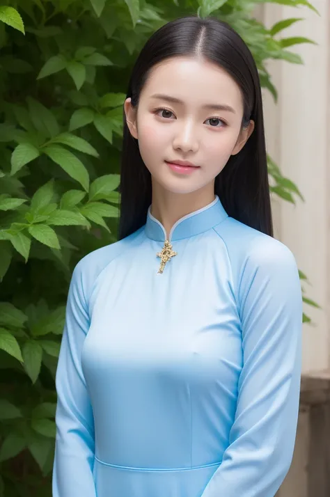 Highest quality、Blue Ao Dai、Beautiful woman、14 years old、Keep your eyes down、Upper body、Black-haired、Ultra-detailed skin、Moisturized Skin