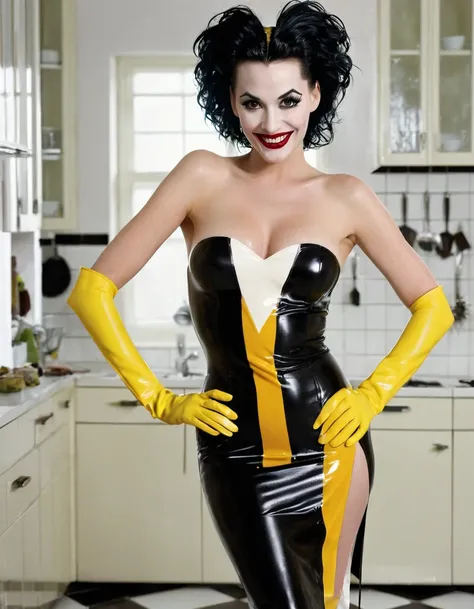 A masterpiece, High resolution, Best quality, very detailed. A naked sexy Cruella. A very magnificent hairstyle. A naked model in a long latex butchers apron. Hands in yellow latex gloves on hips. A haughty pose. An evil smile. A sinister grin. It stands o...