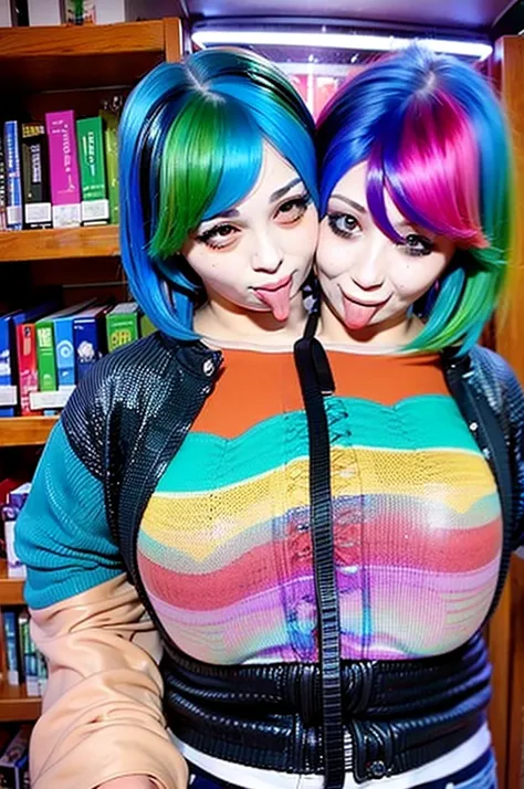 2heads, female couple, age 28, two heads on one body, tongues merged, one torso, hipsters, multicolored hair, hipster fashion, in bookstore,