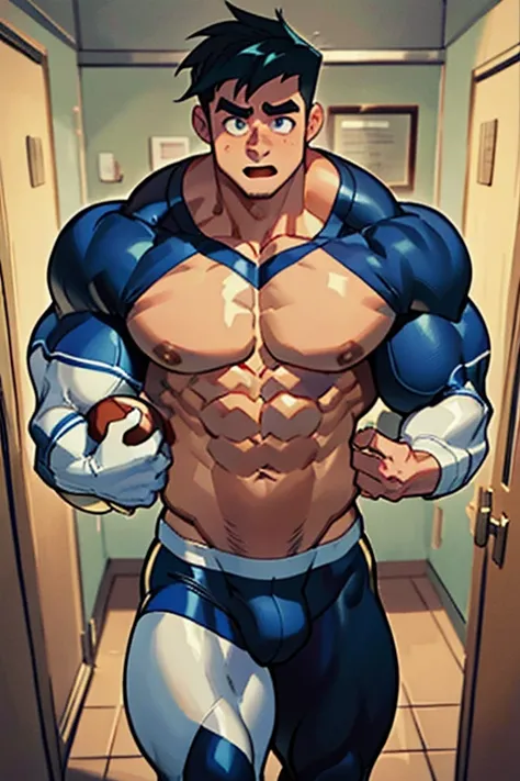 (Masterpiece) (Hyper muscular) (3 boys) Danny Phantom, ghost, hypnosis, jock, conversion, locker room hallway, hyper muscles, jockstrap, bro, meathead, hypnotized, brainwashed, brainwashing, big dumb jock, football. Glowing eyes. Hyper crotch bulge. Massiv...