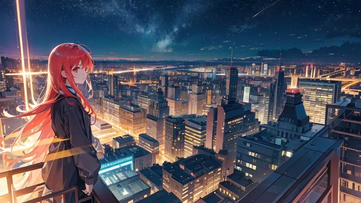 Create a detailed illustration of a vast urban landscape with numerous buildings, focusing on a nighttime city. In the distance, on the rooftop of one of the buildings, there should be a girl with very long red hair playing the piano. The cityscape feature...