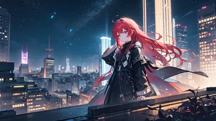 Create a detailed illustration of a vast urban landscape with numerous buildings, focusing on a nighttime city. In the distance, on the rooftop of one of the buildings, there should be a girl with very long red hair playing the piano. The cityscape feature...