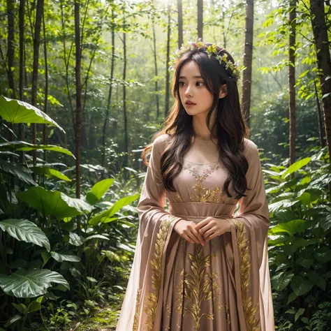 in the middle of a dense forest, there is a woman standing under the gentle sunlight, her dress is made of maroon silk fabric with intricate gold embroidery along the hem, this dress has an elegant A-line cut and is long to the ground, the woman this has l...