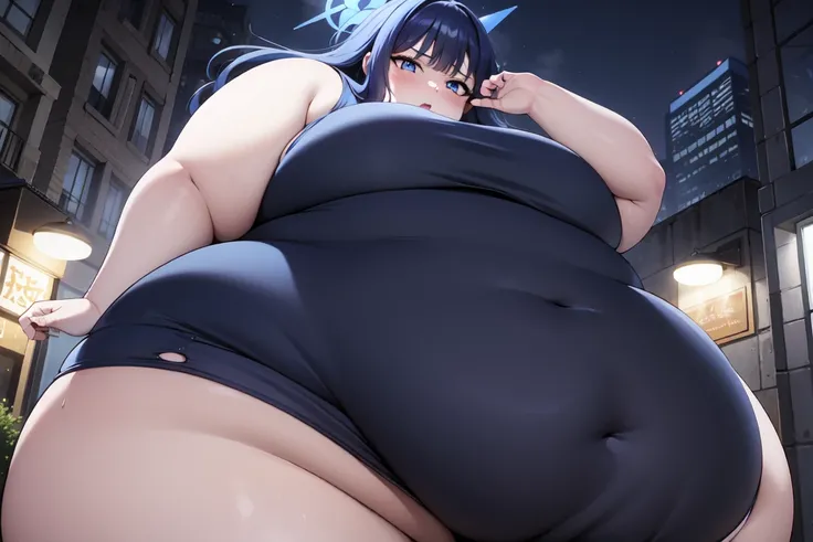 saori joumae, blue eyes, blue hair, halo, long hair, night, wide hips, thick thighs, NSFW:1.3, WeightImmobile, city, outdoors, people