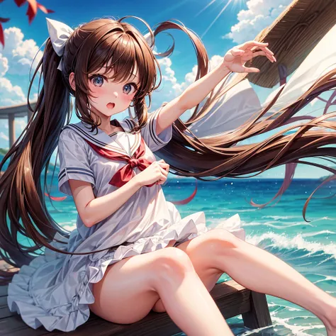 high resolution、high quality、masterpiece、detailed、1 female、Brown Hair、ponytail、White ribbon、Summer sailor uniform、Jump with your legs together、Panty shot、Surprised expression、