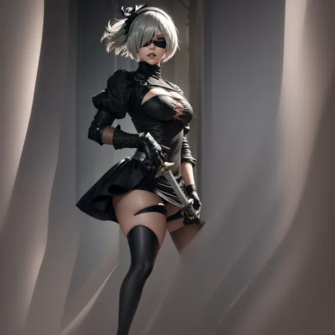 Close-up of a woman in a black dress and black stockings、ニーアオートマタの2b、2b、2b、ニーアオートマタの2b、2bニーアオートマタ、Beautiful seductive anime woman、Enchanting anime girl、Beautiful anime girl squatting、Young J、Highly detailed art gallery、8K high quality detailed art


