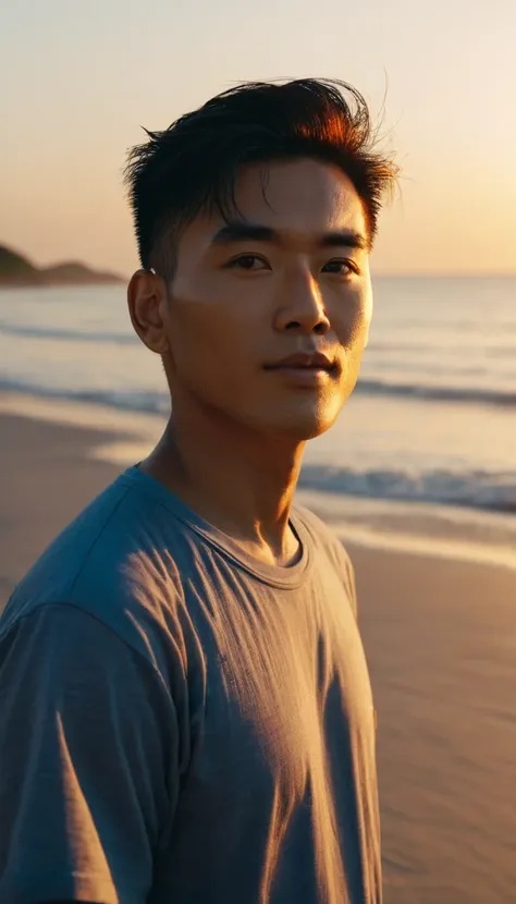 portrait of cpchann on a beach with the sun in the background, super quality, 4k, filmed by camera, sunset, cinematic photos