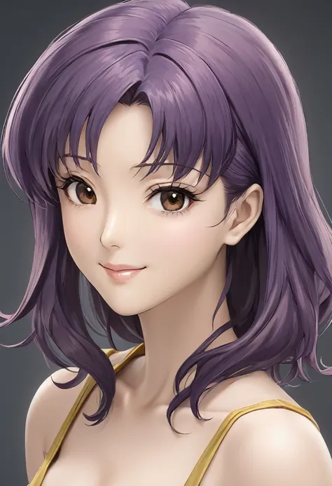 (high resolution,detailed, raw photo,Very realistic,8k),(Masterpiece: 1.3),((high resolution,detailed, raw photo,Very realistic,8k),(Misato Katsuragi),(highly detailed symmetrical attractive face),(purple hair,detailed hair),(seductive smile),(looking at t...