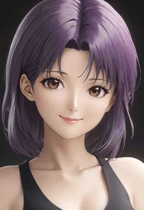 (high resolution,detailed, raw photo,Very realistic,8k),(Masterpiece: 1.3),((high resolution,detailed, raw photo,Very realistic,8k),(Misato Katsuragi),(highly detailed symmetrical attractive face),(purple hair,detailed hair),(seductive smile),(looking at t...