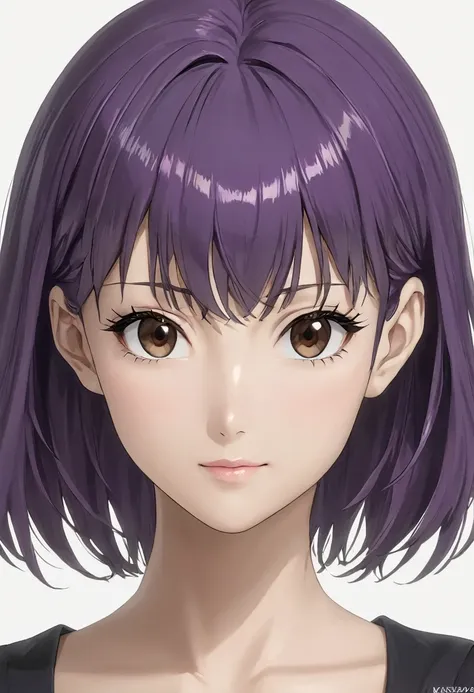 (high resolution,detailed, raw photo,Very realistic,8k),(Masterpiece: 1.3),((high resolution,detailed, raw photo,Very realistic,8k),(Misato Katsuragi),(highly detailed symmetrical attractive face),(purple hair,detailed hair),(seductive smile),(looking at t...