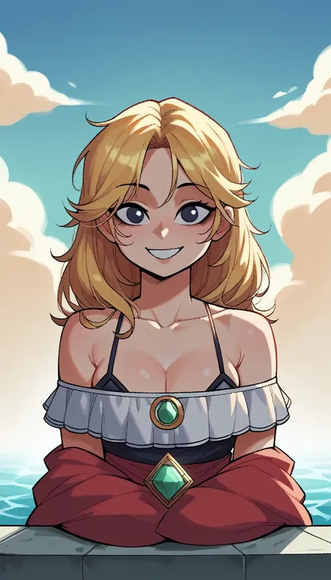 score_9, score_8_up, score_7_up, score_6_up, score_5_up, score_4_up, BREAK 1girl, blonde hair, loose hair, masterpiece， The best quality at its best， Super detailed， Absurd， solo， 耳Nipple Ring， gem， (Off-the-shoulder outfit:1.5)，Cleavage， Upper body close-...