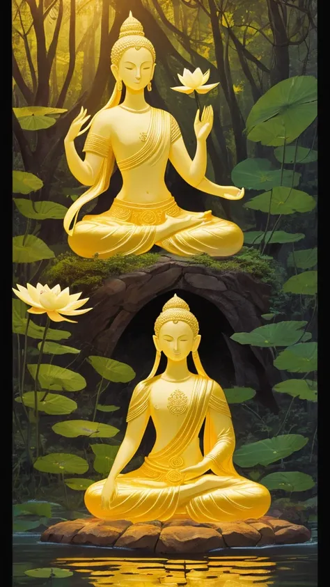 "(best quality, Practical:1.37), Buda, Lotus seated position, Dense and dark forest, illuminate"