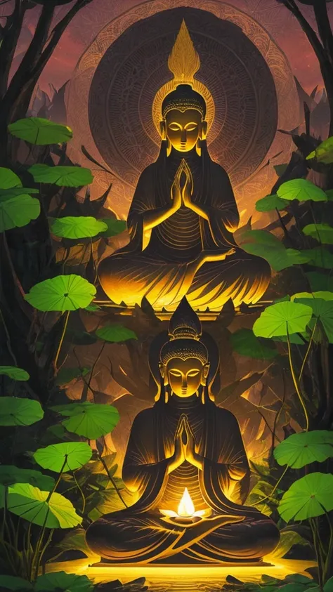 "(best quality, Practical:1.37), Buda, Lotus seated position, Dense and dark forest, illuminate"