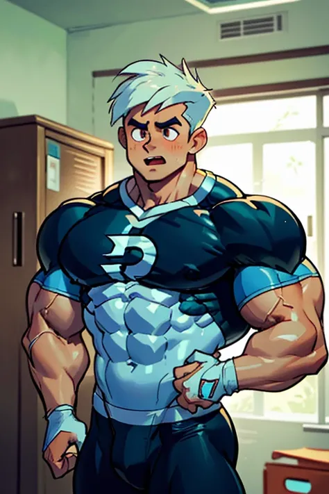 (Masterpiece) (Hyper muscular) (3 boys) Danny Phantom, ghost, hypnosis, jock, conversion, locker room hallway, hyper muscles, jockstrap, bro, meathead, hypnotized, brainwashed, brainwashing, big dumb jock, football. Glowing eyes. Hyper crotch bulge. Massiv...