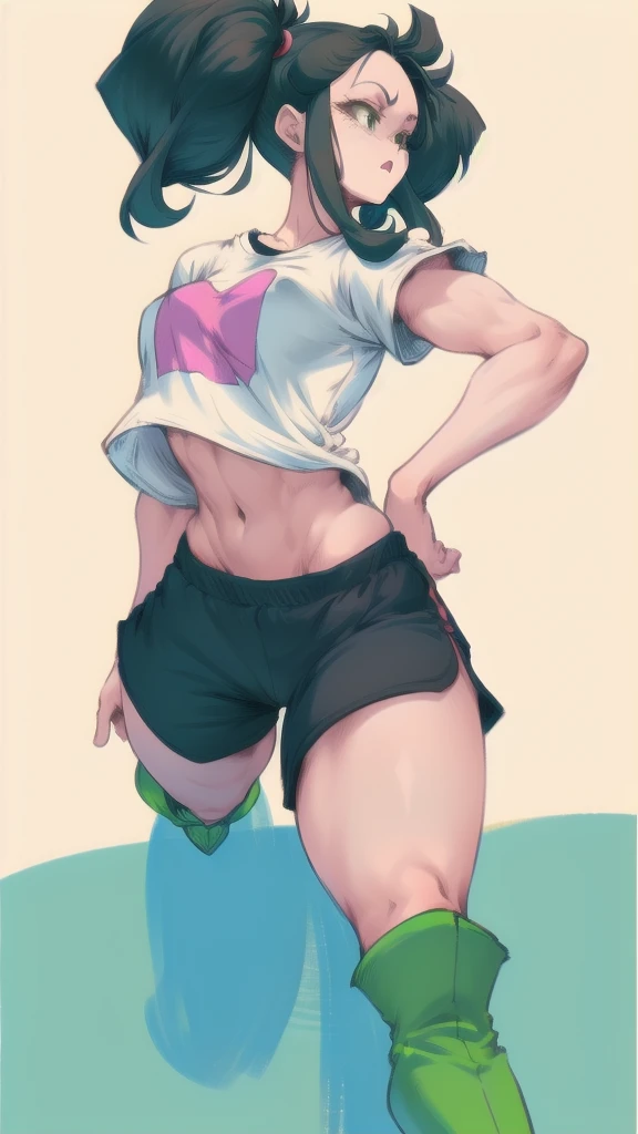 full body image of videl from dragon ball, full body in image, wearing her original outfit (white t-shirt, black shorts, and gre...