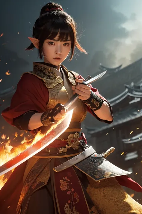 High quality, 8K Ultra HD, (ink and painting), Japans Sengoku period. The mansion is on fire. A female elf samurai. ((The hairstyle is a short cut hairstyle)). ((In her right hand is a lock of hair)). ((In her left hand she holds a sword)). She looks angry...