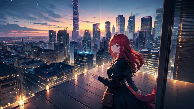 Create a detailed illustration of a vast urban landscape with numerous buildings, focusing on a nighttime city. In the distance, on the rooftop of one of the buildings, there should be a girl with very long red hair playing the piano. The cityscape feature...