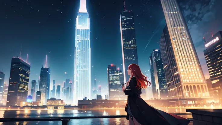 Create a detailed illustration of a vast urban landscape with numerous buildings, focusing on a nighttime city. In the distance, on the rooftop of one of the buildings, there should be a girl with very long red hair playing the piano. The cityscape feature...