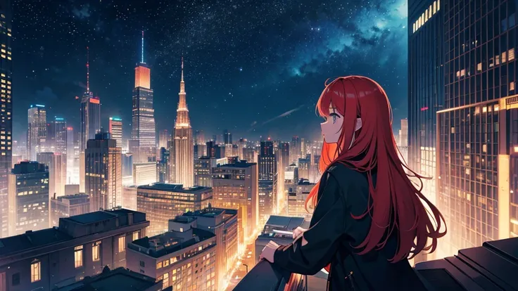 Create a detailed illustration of a vast urban landscape with numerous buildings, focusing on a nighttime city. In the distance, on the rooftop of one of the buildings, there should be a girl with very long red hair playing the piano. The cityscape feature...