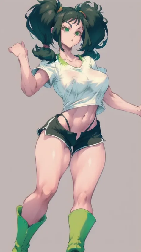 Full body image of Videl from Dragon Ball, full body in image, wearing her original outfit (white T-shirt, black shorts, and green boots), short black hair with pigtails, female body, athletic and slender body, dynamic pose, detailed pose, simple backgroun...