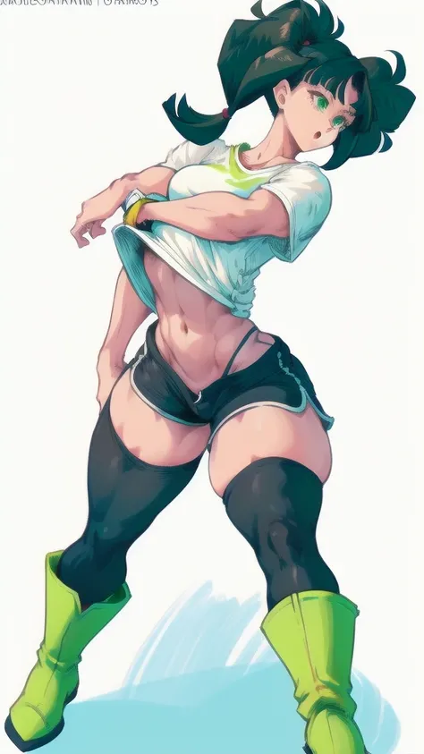 Full body image of Videl from Dragon Ball, full body in image, wearing her original outfit (white T-shirt, black shorts, and green boots), short black hair with pigtails, female body, athletic and slender body, dynamic pose, detailed pose, simple backgroun...