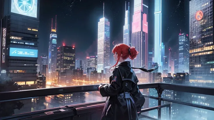 Create a detailed illustration of a vast urban landscape with numerous buildings, focusing on a nighttime city. In the distance, on the rooftop of one of the buildings, there should be a girl with very long red hair playing the piano. The cityscape feature...