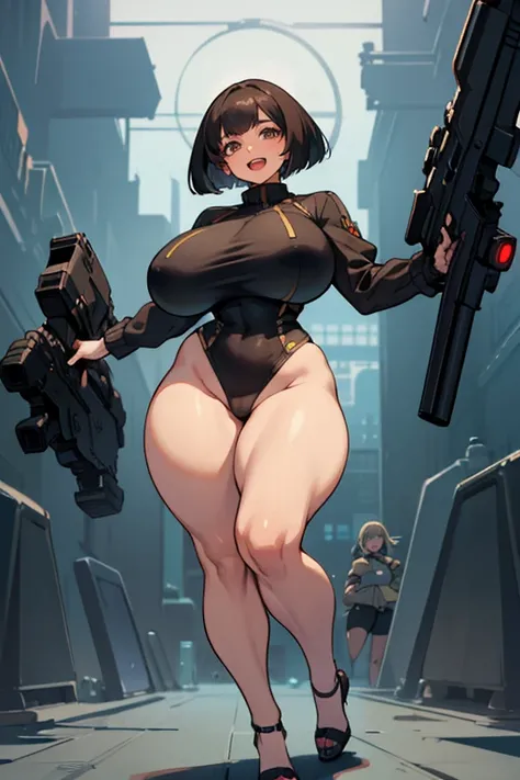 exited, smile, scream, Open mouth, young girl, Pullover, whole body to see, bob cut hair, (( very wide hips)), (((colossal Thighs, gigantic thighs, very huge thighs, very big thighs))), fullbody, platform heels, brown skin, black skin, very Big breast, gun...