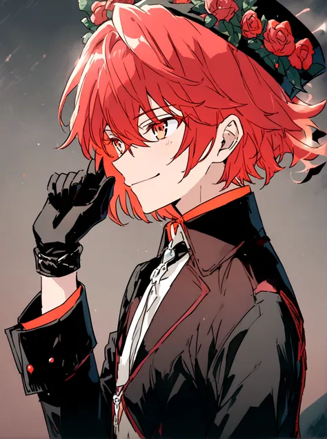 anime male, red eyes, red messy hair, rose flower chaplet hat, black pants, black suit, black gloves, smiling