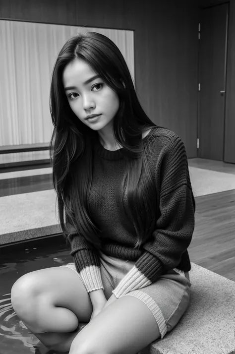 Meina Unreal wearing a knit sweater and shorts, sitting on her left side, her face is covered by her long silky hair, a sad environment, black and white, thin figure, pond, best quality masterpiece 
