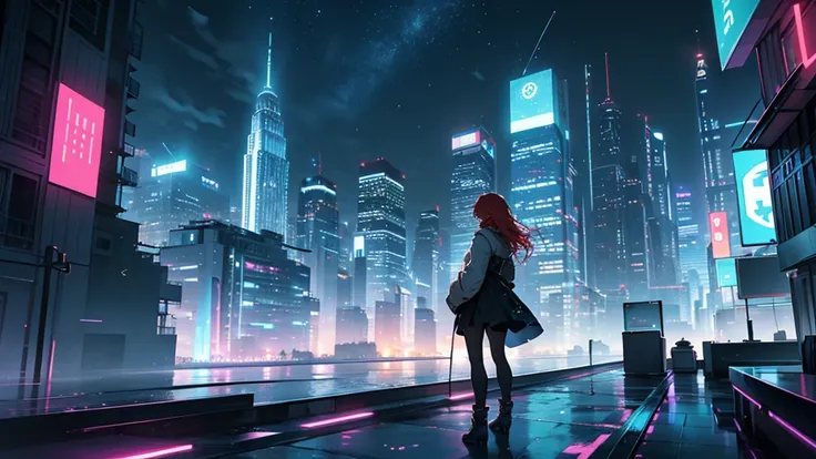 Create a detailed illustration of a vast urban landscape with numerous buildings, focusing on a nighttime city. In the distance, on the rooftop of one of the buildings, there should be a girl with very long red hair playing the piano. The cityscape feature...