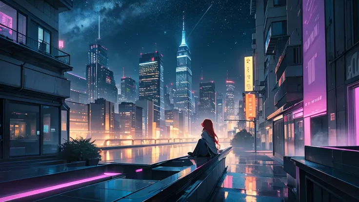 Create a detailed illustration of a vast urban landscape with numerous buildings, focusing on a nighttime city. In the distance, on the rooftop of one of the buildings, there should be a girl with very long red hair playing the piano. The cityscape feature...