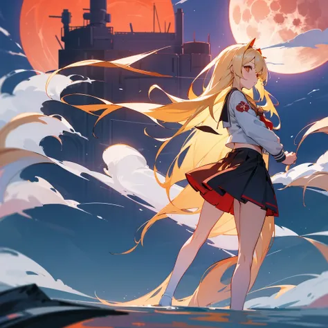 anime girl with long blonde hair and a sailor outfit standing in front of a red full moon, Kantai Collection Style, from the video game azur lane, in front of the full moon, night, in front of a pale full moon, anime style like destiny/Overnight stay, visu...